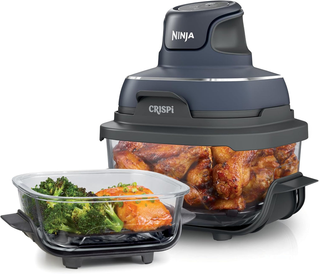 Portable Glass Air Fryer Cooking System, 1500W, 4QT & 6-Cup TempWare Glass Containers with Storage Lids, Microwave, Freezer & Dishwasher Safe, Cyberspace Gray