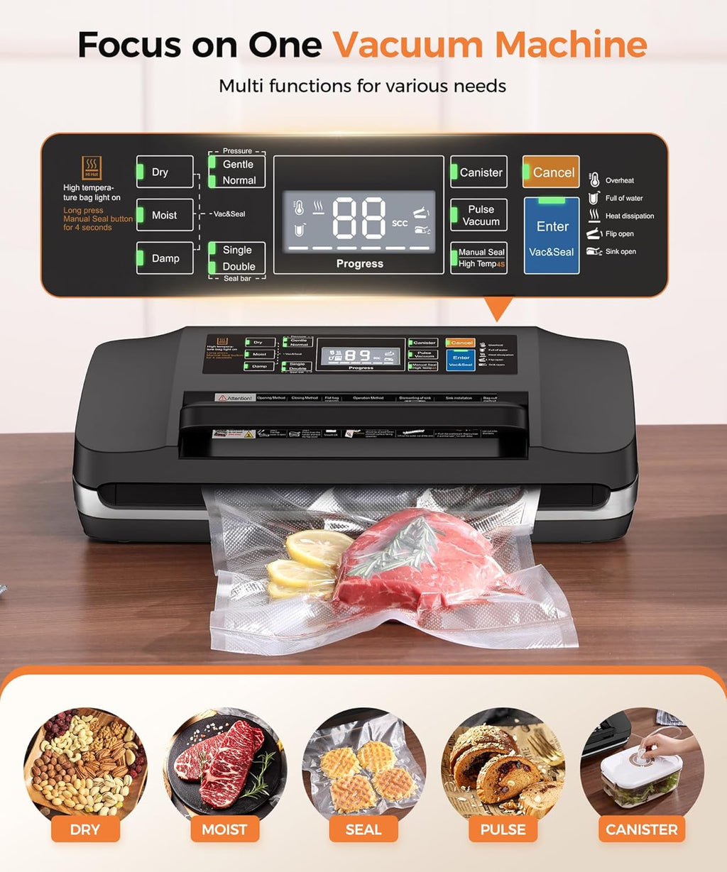 Vacuum Sealer Machine, Updated Powerful 95KPa Commercial Food Saver with Double Seal for 2X Strength, Built-in Cutter, Bags Storage & Easy-Lock Handle, Includes Free Bags