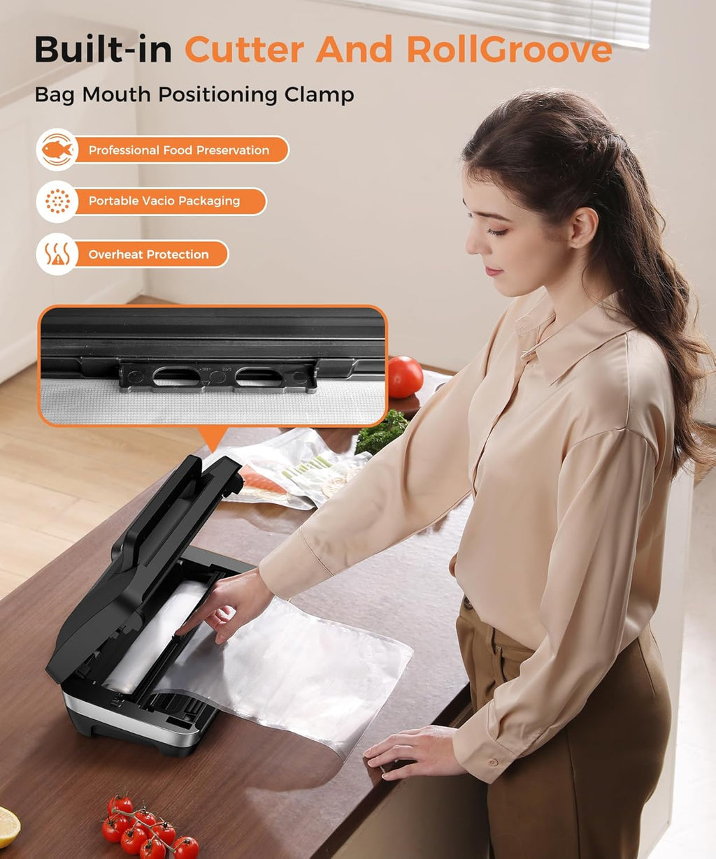 Vacuum Sealer Machine, Updated Powerful 95KPa Commercial Food Saver with Double Seal for 2X Strength, Built-in Cutter, Bags Storage & Easy-Lock Handle, Includes Free Bags