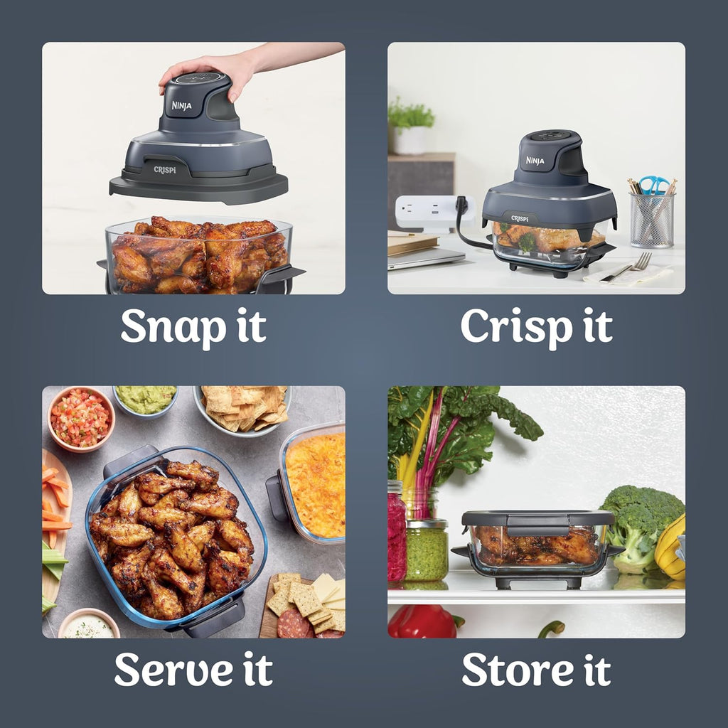 Portable Glass Air Fryer Cooking System, 1500W, 4QT & 6-Cup TempWare Glass Containers with Storage Lids, Microwave, Freezer & Dishwasher Safe, Cyberspace Gray